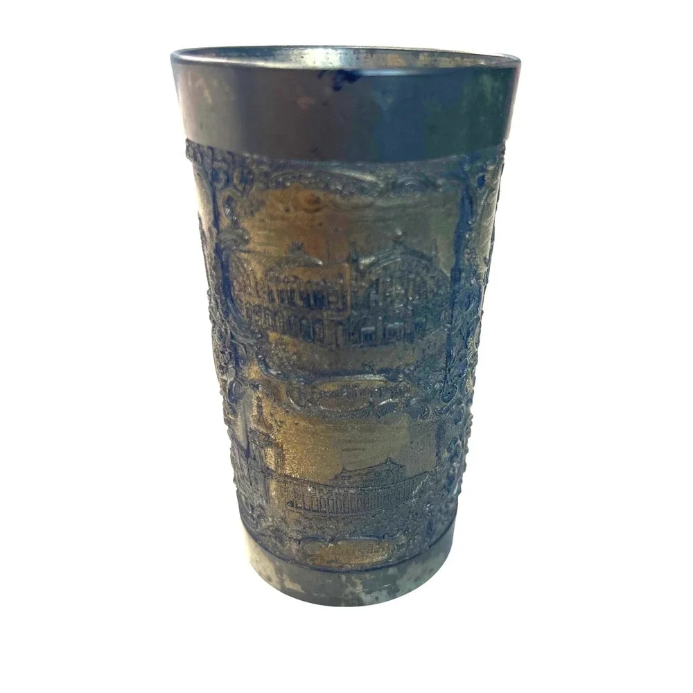 Antique Etched Metal Goblet Cup‎ European Cityscape Scene Collectible Souvenir